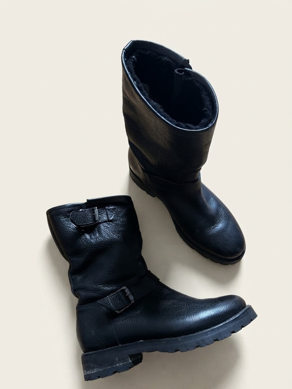 Frye Sz 8.5 Veronica Black Genuine Leather Sherpa Lined Motorcycle Boots